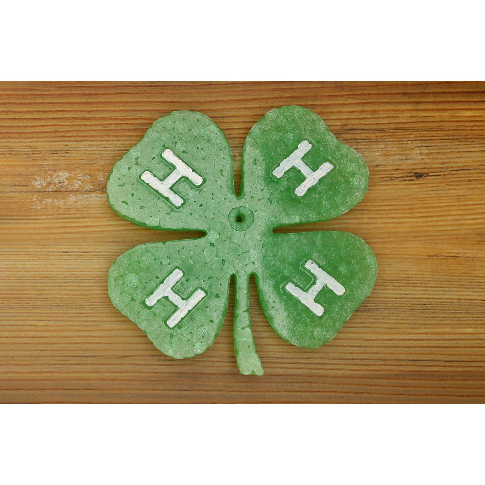 Green four-leaf clover 4H car freshie with white H letters on each leaf, handmade by Sixtyone20 Candles