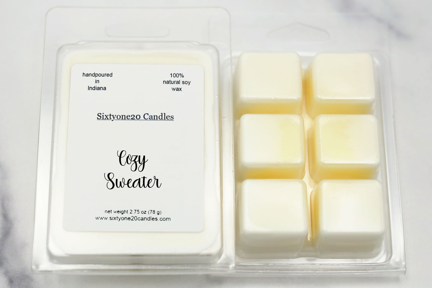Cozy Sweater soy wax melt clamshell with white label and creamy natural wax cubes by Sixtyone20 Candles