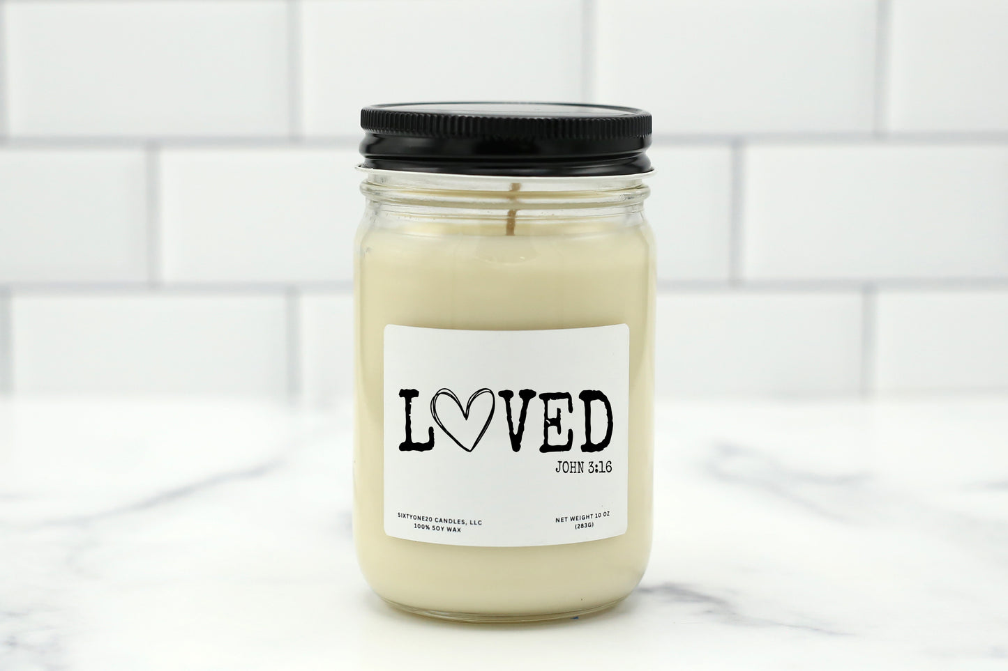 Soy wax candle with the label "Loved John 3:16" – faith-inspired gift for encouragement and everyday reflection.