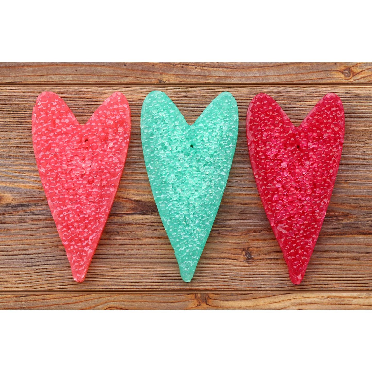 Primitive-style heart car freshies in red, teal, and deep pink, handmade by Sixtyone20 Candles and available in custom colors