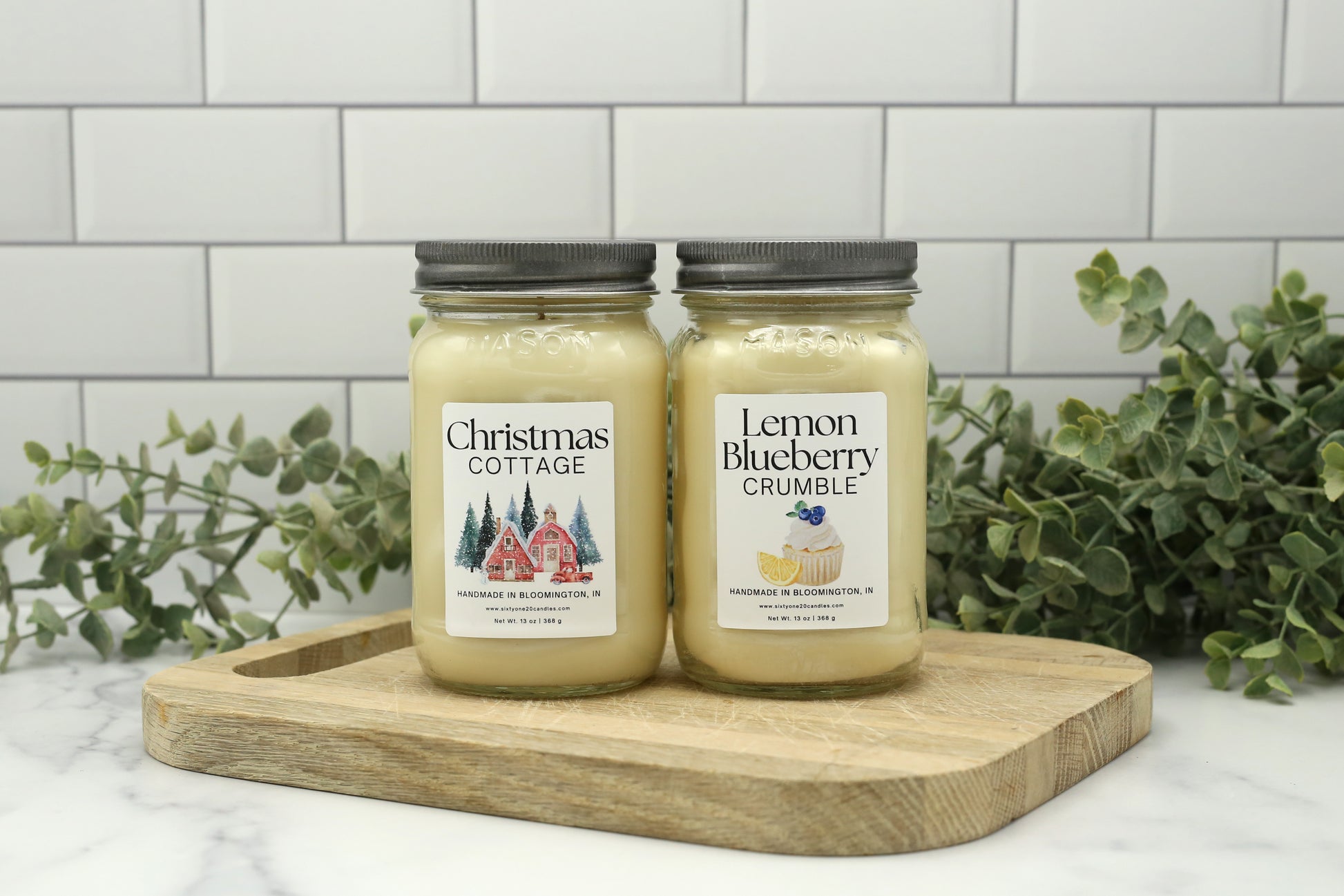 Winter and Spring Candle Club Bundle featuring Christmas Cottage and Lemon Blueberry Crumble in exclusive 16 oz mason jars.