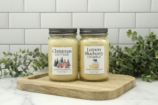 Winter and Spring Candle Club Bundle featuring Christmas Cottage and Lemon Blueberry Crumble in exclusive 16 oz mason jars.