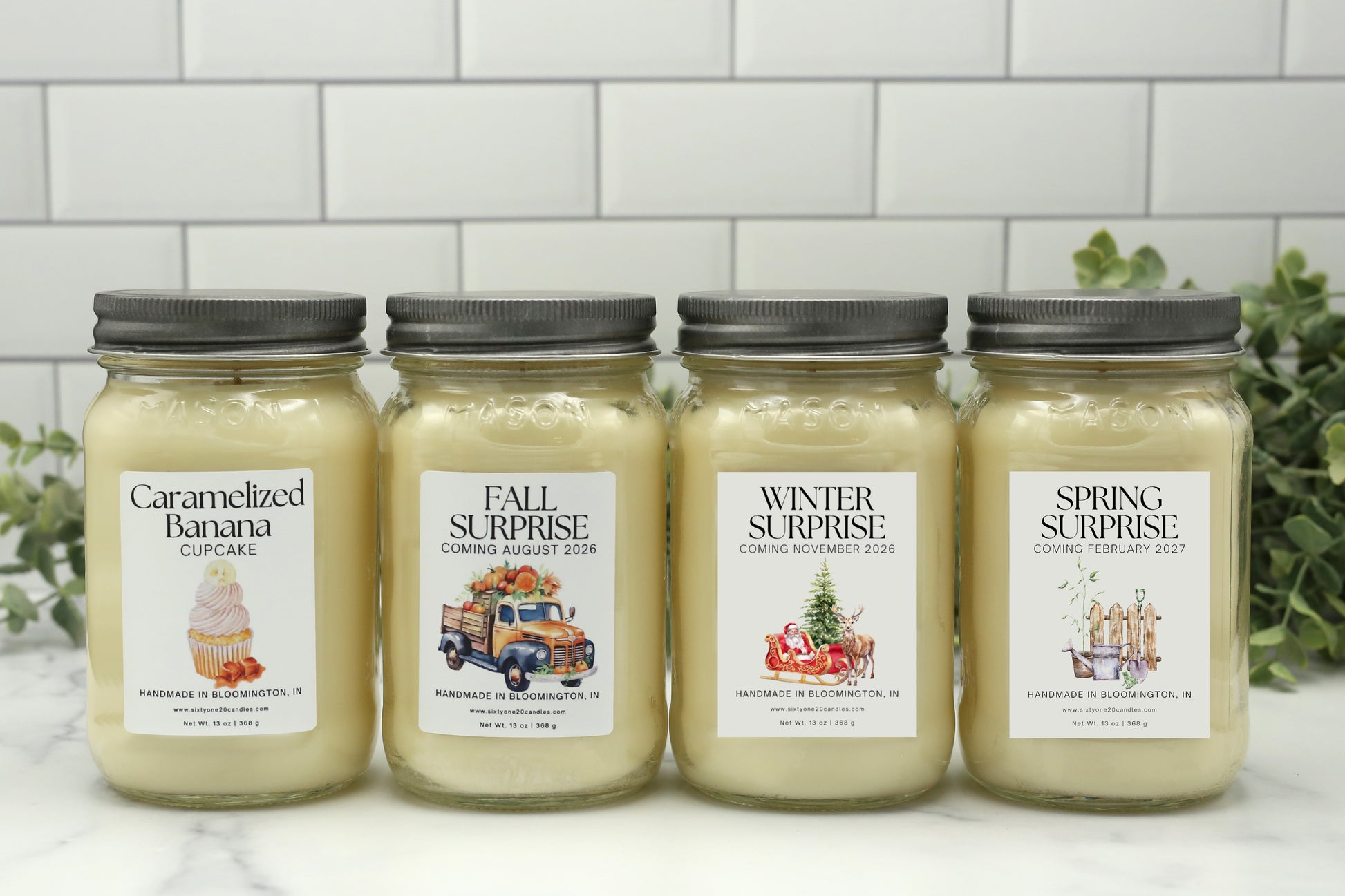 Full Year Candle Club subscription featuring four 16 oz soy candles in mason jars with silver lids for Summer, Fall, Winter, and Spring