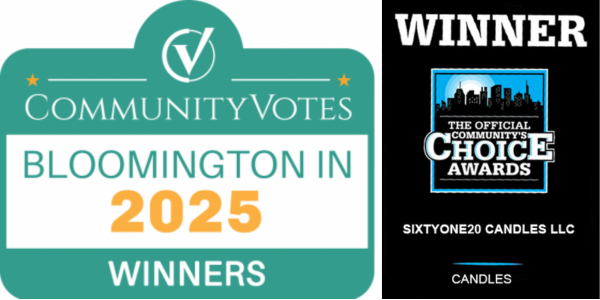 Two awards logos side by side: one for 'CommunityVotes Bloomington in 2025 Winners' and the other for 'The Official Community Choice Awards'.