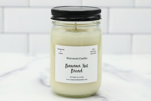 Banana Nut Bread 12 oz soy candle in a mason-style jar with a warm bakery scent perfect for cozy kitchens and fall mornings