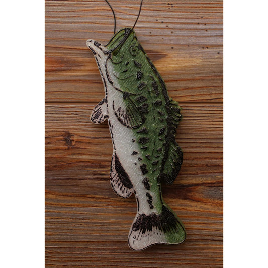 Green and white bass-shaped car freshie with black detailing, handmade by Sixtyone20 Candles