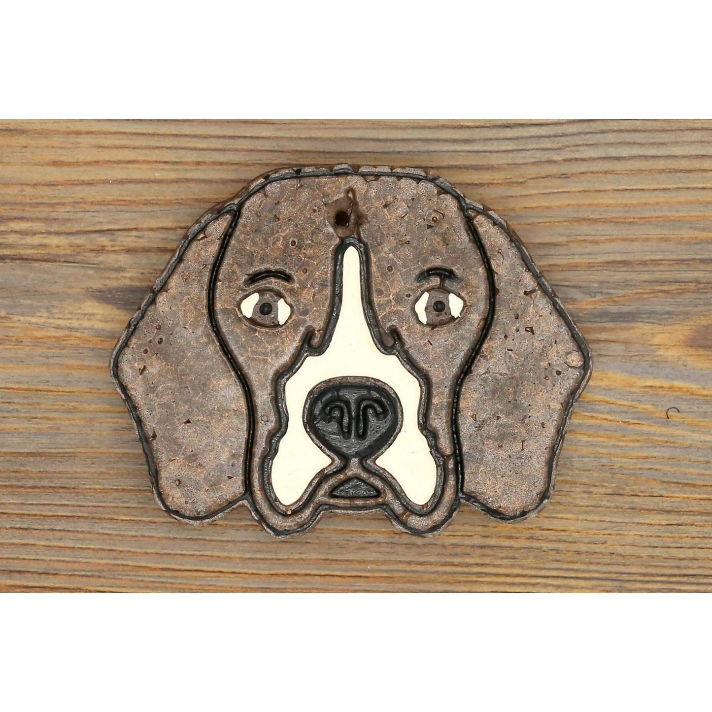 beagle dog freshie with brown black and white coloring on wood background