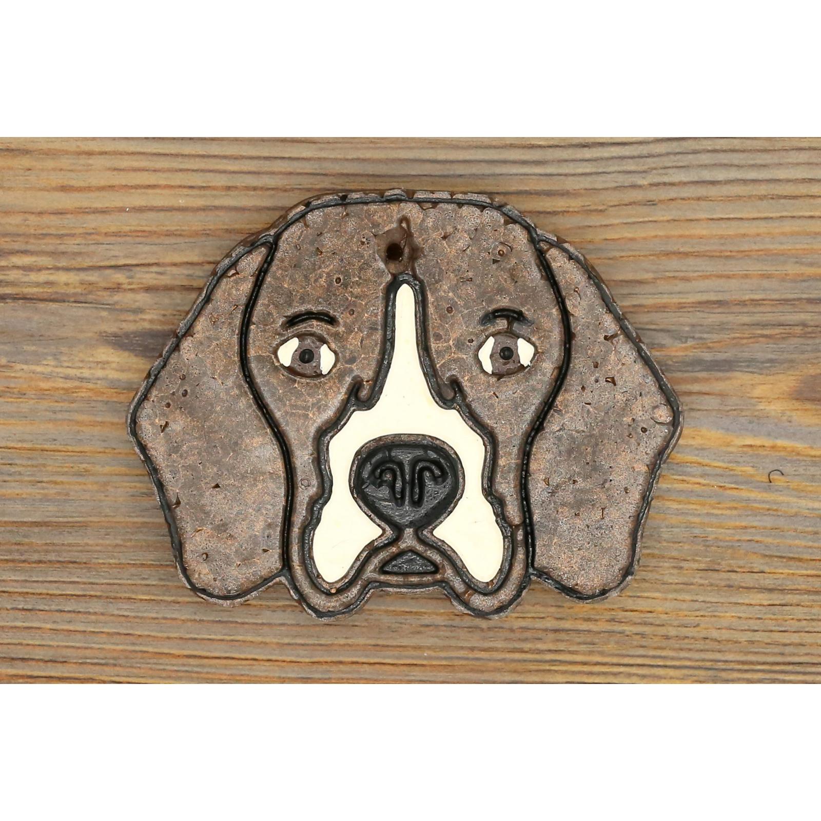 beagle dog freshie with brown black and white coloring on wood background
