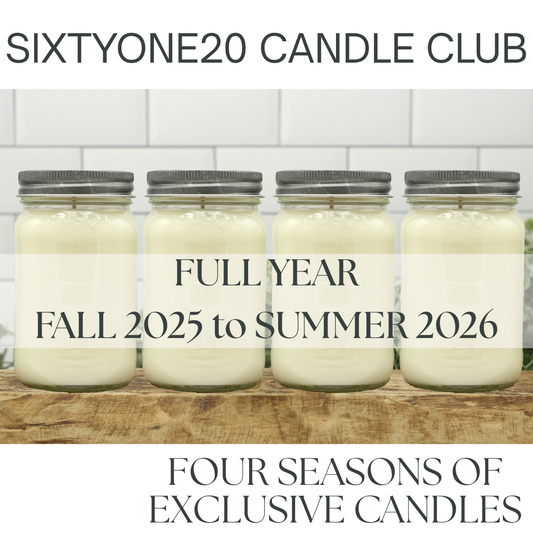 Four unlabeled soy candles in mason jars from Sixtyone20 Candle Club shown side by side with greenery and a tile background. Text reads “Full Year – Fall 2025 to Summer 2026” and “Four Seasons of Exclusive Candles.