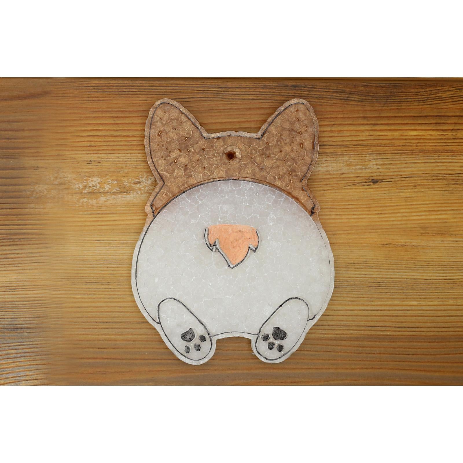 corgi butt shaped freshie with tan and white coloring on wood background