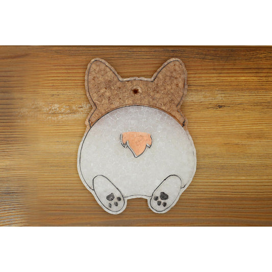 corgi butt shaped freshie with tan and white coloring on wood background