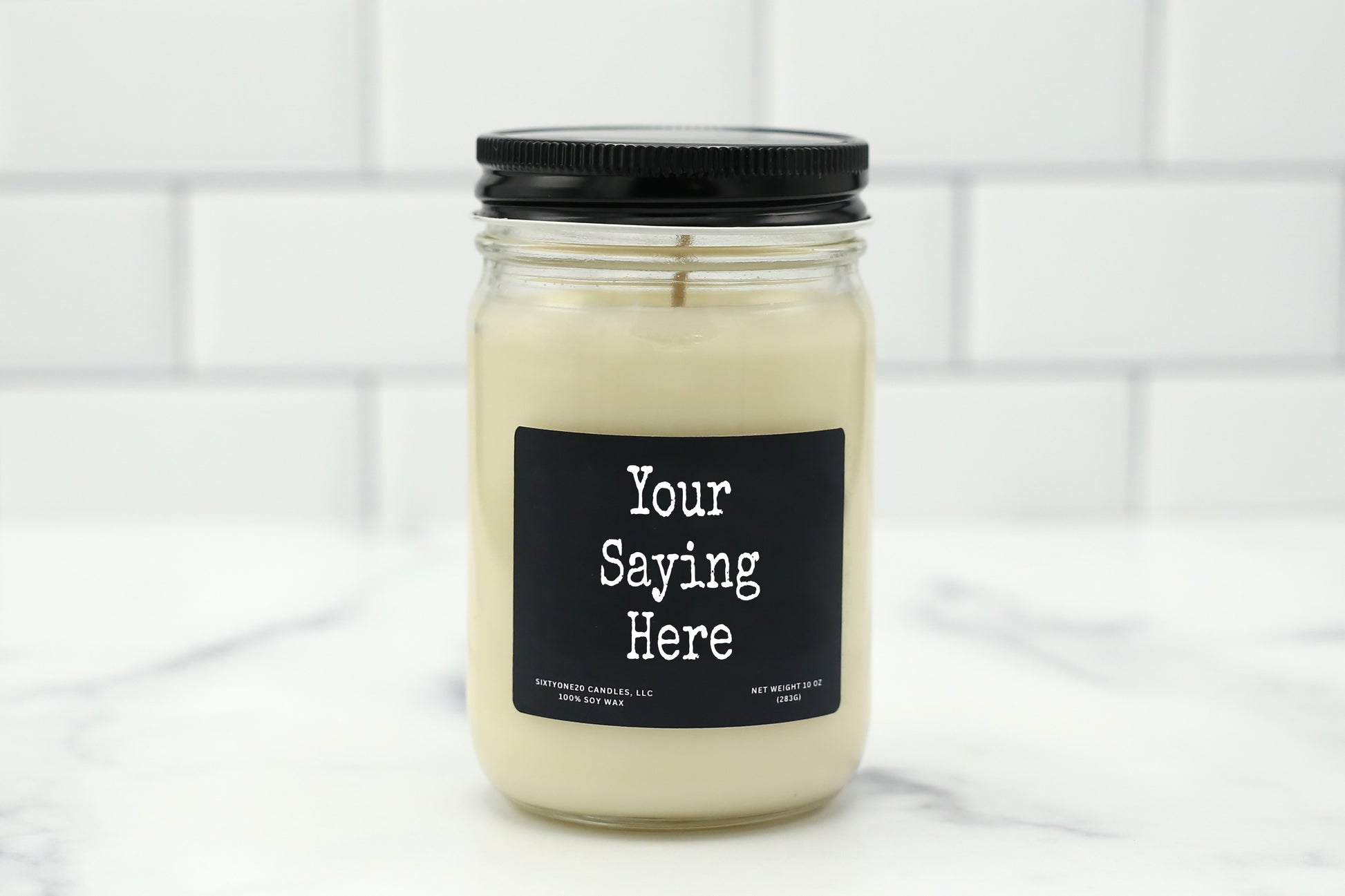 10 oz personalized candle offering custom personalization on a black label, available in various scents, made with natural soy wax.