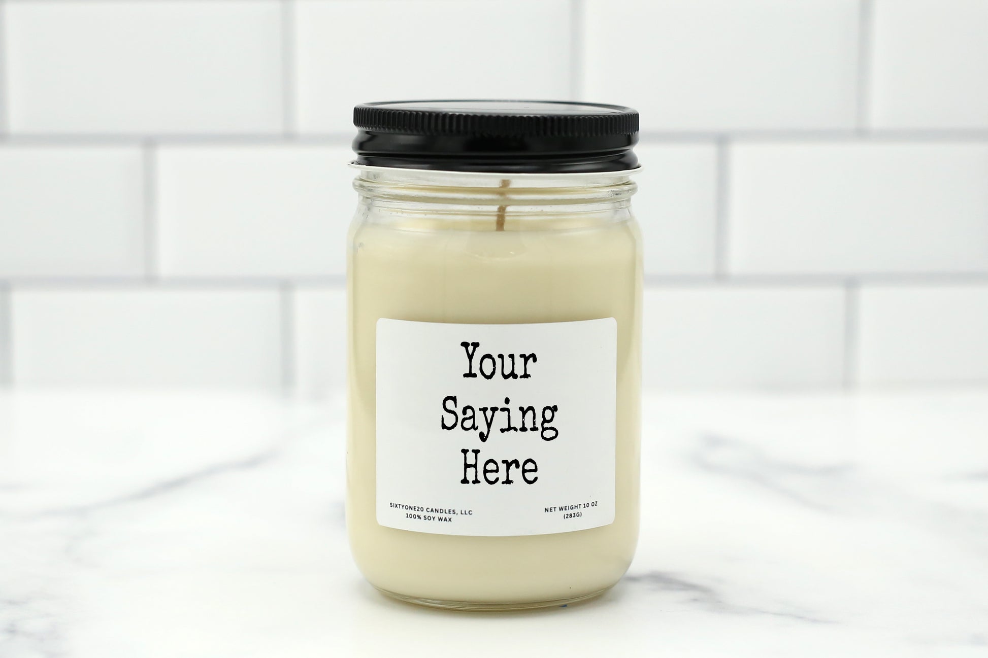 10 oz personalized candle offering custom personalization on a white label, available in various scents, made with natural soy wax.