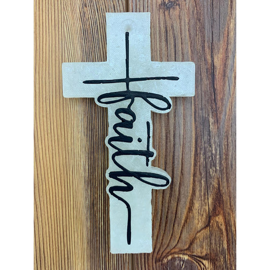 cross shaped freshie with faith wording on wood background