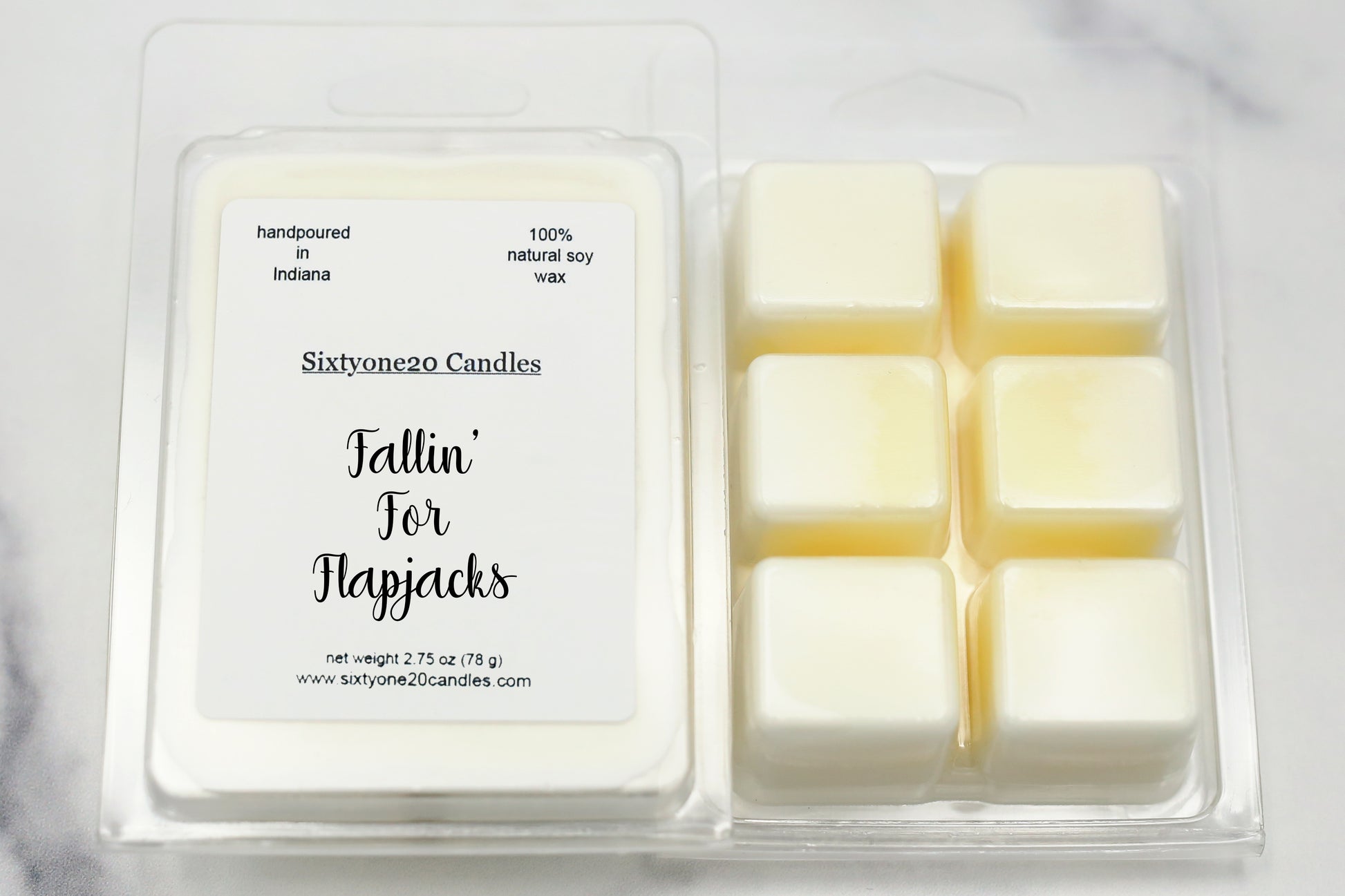 Fallin’ for Flapjacks soy wax melts in clamshell packaging with six creamy cubes, labeled and shown on white marble background