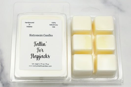 Fallin’ for Flapjacks soy wax melts in clamshell packaging with six creamy cubes, labeled and shown on white marble background