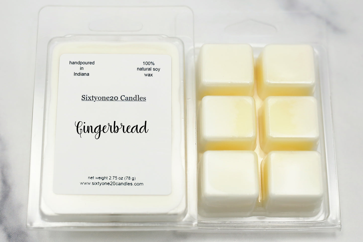 Sixtyone20 Candles soy wax melt labeled Gingerbread, displayed on a clean white background. Handmade melt in a clear plastic clamshell from Sixtyone20 Candles, Bloomington, Indiana.
