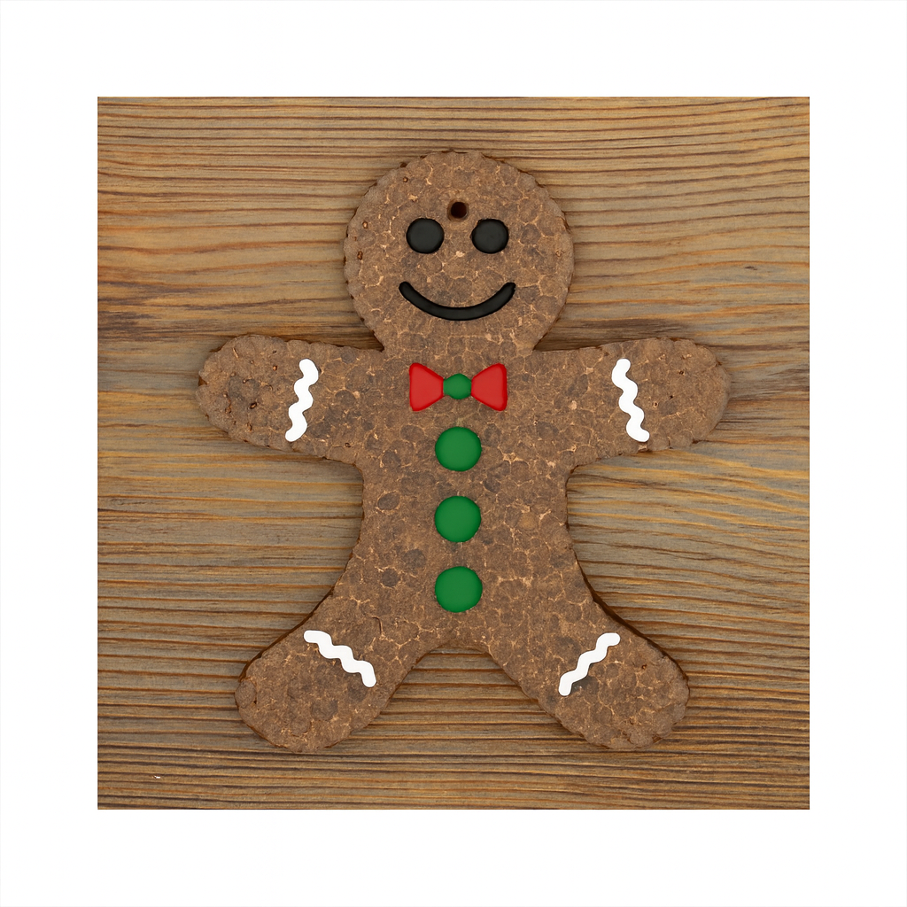 A gingerbread man-shaped freshie lies on a wooden surface. It has black eyes, a smiling mouth, a red bow tie with a green center, green buttons down the front, and white icing details on the arms and legs.
