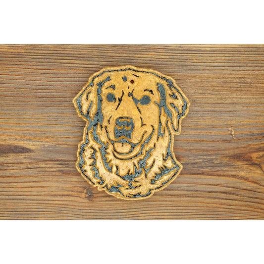 golden retriever dog face freshie with light golden coloring on wood background