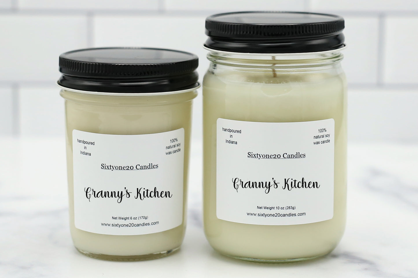 Granny’s Kitchen soy candles in 8 oz and 12 oz clear glass jars with black lids, labeled Granny’s Kitchen by Sixtyone20 Candles.