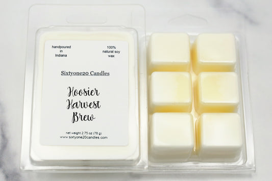 Hoosier Harvest Brew soy wax melts in labeled clamshell packaging with six creamy wax cubes, displayed on white marble background