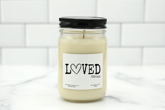 10 oz personalized candle with the saying 'Loved John 3:16,' available in various scents, made with natural soy wax.