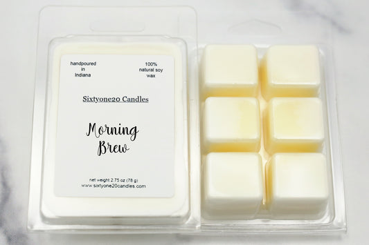 Morning Brew soy wax melts in labeled clamshell packaging with six wax cubes, displayed on white marble background