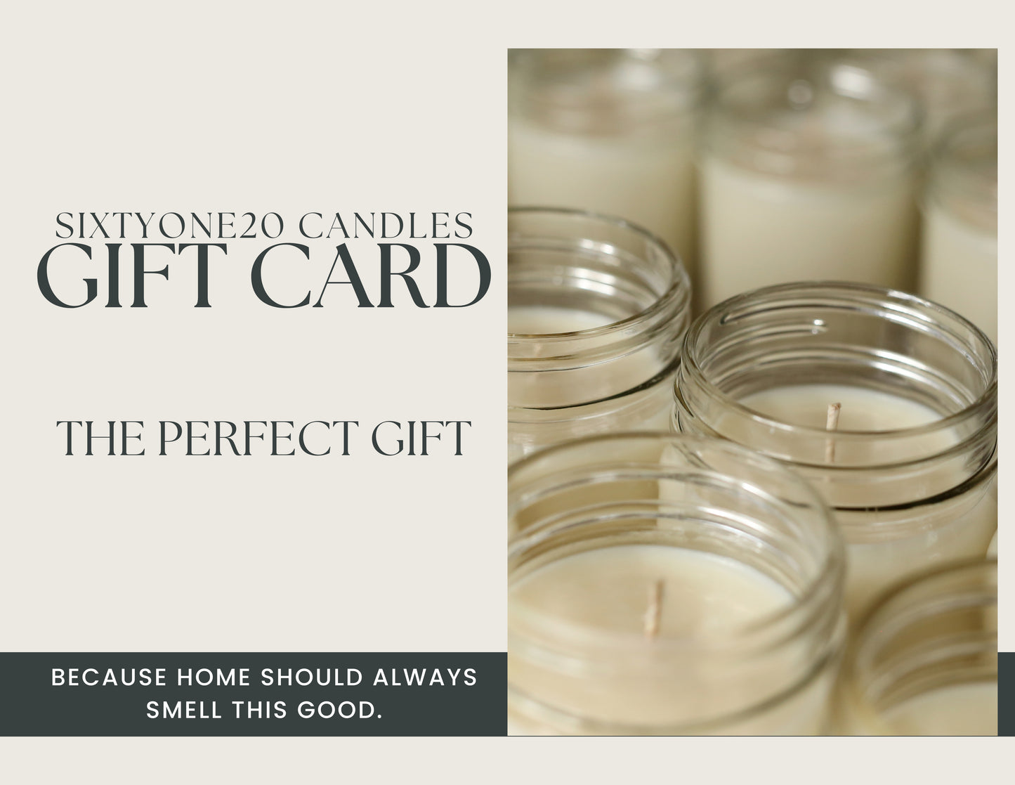 Sixtyone20 Candles gift card featuring handmade soy candles with the text "Gift Card" and "The Perfect Gift" on a neutral background.