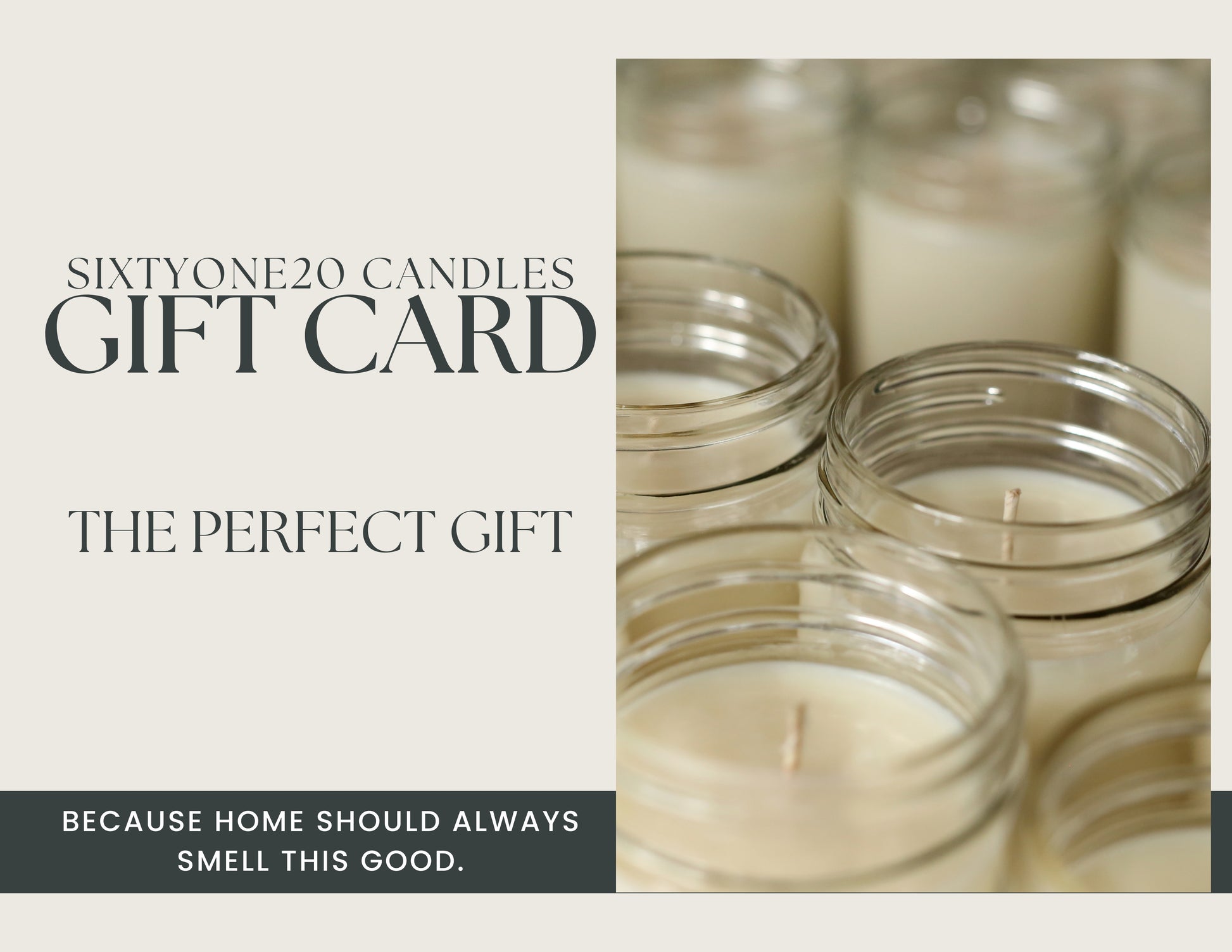 Sixtyone20 Candles gift card featuring handmade soy candles with the text "Gift Card" and "The Perfect Gift" on a neutral background.