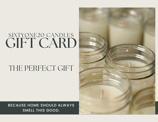 Sixtyone20 Candles gift card featuring handmade soy candles with the text "Gift Card" and "The Perfect Gift" on a neutral background.
