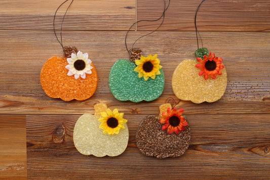 pumpkin car freshies with sunflower accent in assorted fall colors on wood background